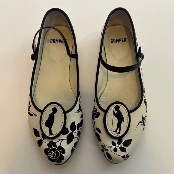 Camper Shoes - CAMPER RARE TWINS NAPA MARY JANE FLORAL BIRDS FLATS White/Black Size EU 36/ US 6